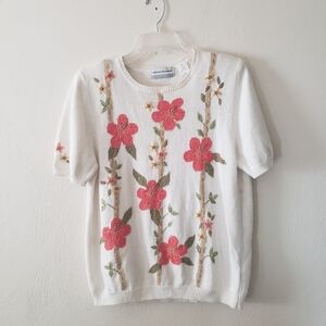 Alfred Dunner Floral & Beaded Short Sleeve Sweater Size Petite Large
